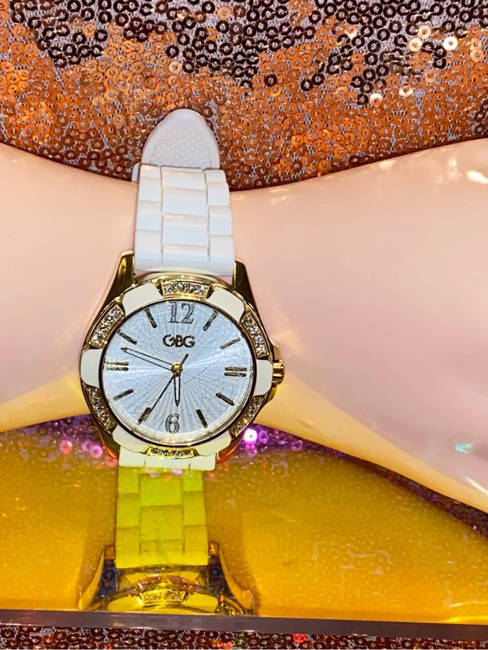 Guess G by Guess White & Gold Crystal Accent Watch | Silicone Strap | Fresh Luxe